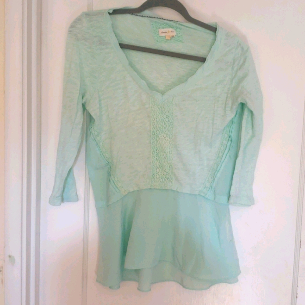 MInt Green Meadow Rue Two Fabric Crocheted Top